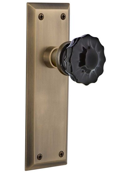 New York Door Set with Colored Fluted Crystal Glass Knobs Black in Antique Brass.